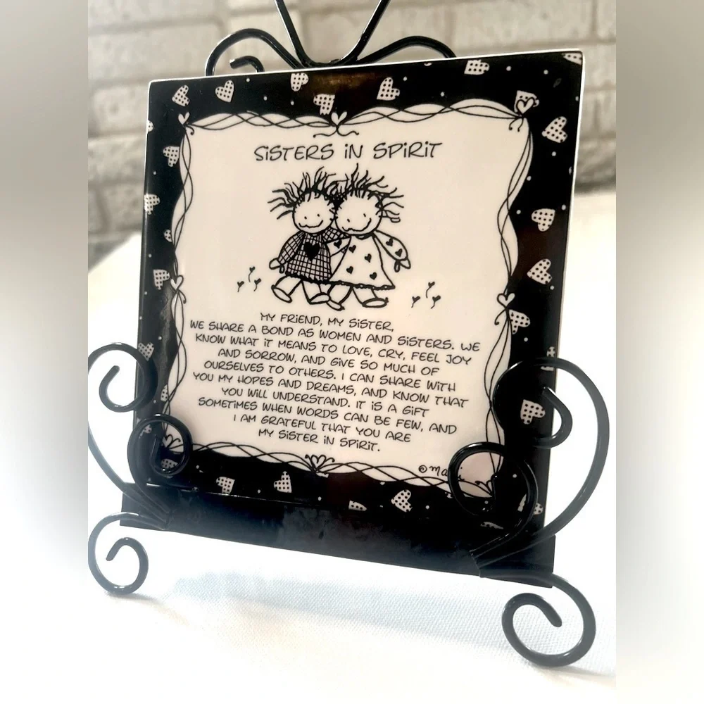 Vintage Black and White Sisters in Spirit Picture Or Plaque on Easel